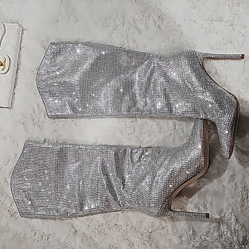 Rhinestone Sparkling Silver Tall Boots NIB